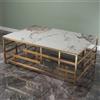 Tavolino Tayoko stile Japandi con top in ceramica effetto marmo Calacatta e struttura in metallo dorato - Collezione Sabi