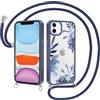 Yirlbey Cover per iPhone 11 6,1'' con Cordino, Aesthetic Fiori Motivo Disegno Trasparente Silicone Sottile TPU + PC Case Corda con Regolabile Laccio Antiurto Protezione Custodia per Ragazze, Blu