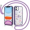 Yirlbey Cover per iPhone 11 6,1'' con Cordino, Aesthetic Fiori Motivo Disegno Trasparente Silicone Sottile TPU + PC Case Corda con Regolabile Laccio Antiurto Protezione Custodia per Ragazze, Viola