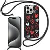 Yirlbey Cover per iPhone 16 Pro Max 6,9'' con Cordino, Aesthetic Cuore Rosso Motivo Disegno Nero Silicone Case Corda con Regolabile Laccio Antiurto Antigraffio Bumper Protezione Custodia per Mädchen