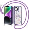 Yirlbey Cover per iPhone 15 6,1'' con Cordino, Aesthetic Fiori Motivo Disegno Trasparente Silicone Sottile TPU + PC Case Corda con Regolabile Laccio Antiurto Protezione Custodia per Ragazze, Viola