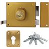 Amig - Serratura da sovrapposizione a destra con leva di chiusura, linguetta e maniglia per porte in legno mod. 73 | 100 x 85 mm | Chiusura con cilindro Europrofilo | Acciaio dorato