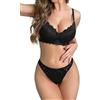 YCAngela Set di Bralette e Mutandine in Pizzo, Reggiseno Push-up con Spalline Regolabili, Set di Lingerie da Donna UK, Reggiseno con Ferretto a Seno Grande Coppa C-F Nero M