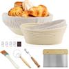 LEIMEND Cestino Lievitazione Pane 2 Pezzi Cestino Pane in Rattan Naturale | Con Impastatrice Fodera di Lino Raschietto per Impasto di Pane Pizza e Pasticceria (Rotondo da 23 cm e Ovale da 21 cm)