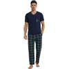 YUSHOW Pigiama Uomo Estivo Pigiami Due Pezzi Leggero Maglie Corto Scollo a V Pantaloni Lunghi a Quadri con Tasche Completo Uomo Abbigliamento da Casa Comodo Morbido