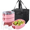 Samlonge 3 in 1 Lunch Box con Posate, 2800ml Porta Pranzo con Borsa, Bento Box 3 Scomparti con Divisorie, Schiscetta Riscaldabile Prova Perdite Senza BPA, Contenitori Ermetici Alimenti Scuola Uffici (Rosa)