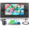Rimoody 4G+64G Wireless Carplay Android Autoradio per Ford Focus C-Max S-Max Kuga Fiesta Transit Fusion Mondeo Galaxy Connect 7 Pollici Autoradio con Android Auto GPS Navi WiFi Bluetooth FM/RDS 32 EQ/USB/SWC