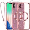 Kokio Glitter Magnetica Cover per iPhone X/XS con Cordino, Compatibile con MagSafe, Brillantini Sottile Silicone TPU Antiurto Custodia per iPhone X con 2 Vetro Temperato Bumper, Rosa