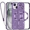 Kokio Glitter Magnetica Cover per iPhone 15 con Cordino, Compatibile con MagSafe, Brillantini Sottile Silicone TPU Antiurto Custodia per iPhone 15 con 2 Vetro Temperato Bumper, Viola
