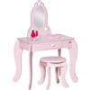 HOMCOM Tavolo Trucco per Bambini e Sgabello in Legno con Specchio e Cassetto