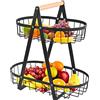 THATSRAD Cesto per Frutta a 2 Livelli Portafrutta a Due Piani Portaoggetti Staccabile per Verdure Supporto per Cesto di Frutta Cestini Staccabili Metallo con Manico in Legno per Frut ta Verdura, Nero