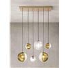ONDALUCE CICIRIELLO BELLA SOSPENSIONE RETTANGOLARE CON BASE ORO E 6 SFERE IN VETRO SOFFIATO RIGATO BICOLORE LAMPADINE E27