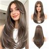 HAIRCUBE - Parrucca lunga sintetica scalata con frangia a tendina marrone misto