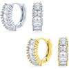Bling Jewelry Set di due orecchini a cerchio mini huggie con zirconi cubici taglio smeraldo AAA CZ brillante e bordo milgrain per donne, matrimonio, ballo, festa formale, placcati in argento e oro giallo, diametro