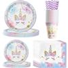 MORAINJAY 84 stoviglie per feste a tema unicorno, decorazioni di compleanno per ragazze, piatti di carta, bicchieri, tovaglioli, cannucce di carta, forniture per feste di compleanno per bambini, per