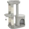 PawHut Tiragraffi torre giochi per gatti con grattatoi, piattaforma, cuccia, pallina, tessuto in peluche, 60 x 45 x 90 cm, grigio chiaro | Aosom Italy