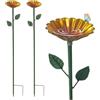 Embhlitfe Bagno per uccelli da giardino, in piedi, 65 x 8 cm, 2 abbeveratoi per uccelli in metallo, resistenti all'inverno, con picchetto, fiori rossi, grandi per uccelli selvatici e insetti (giallo)