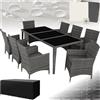 tectake® Set Mobili da Giardino, Set Sedie da 8 e Tavolo da Giardino con Piano in Vetro, Regolabile, Cuscini, 2 Set Rivestimenti, Copertura, Set in Rattan da Esterno - Grigio