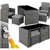 tectake® Salottino in Rattan Palermo, Set Sedie con Cuscini, Tavolino Salotto con Lastra in Vetro, Design Funzionale, Imbottitura Idrorepellente, Resistente ai Raggi UV - Grigio