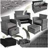 tectake® Salottino in Rattan Modena, Telaio in Acciaio, Tavolino Salotto con Piano in Vetro, Divano, Poltrone, Morbidi Cuscini, Involucro Protettivo Incluso - Grigio