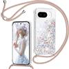 TUUTPU Cover per Google Pixel 9A con Cordino, Custodia Brillantini Liquido con Collana Trasparente Ultra Sottile Silicone Antiurto Protettivo Sabbie Mobili Case per Cellulare Cordoncino, Oro Rosa