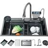 HARNART Lavello da cucina a cascata, nero, 75 x 45 cm, 1 vasca, in acciaio inox, rettangolare, troppopieno e scarico, multifunzionale, moderno lavello a cascata con rubinetto per acqua potabile
