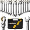 Enventor Set Chiavi a Cricchetto 14pcs, Flessibile Chiave a Cricchetto da Metrico 6mm-19mm, Acciaio al Cromo Vanadio, Nichelato Nero, 90T, Testa Rotante a 180°, Arco di Rotazione a 4°, Cassetta