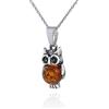 AMBEDORA Collana da donna con ambra baltica color cognac, argento 925 ossidato, ciondolo XVI Gufo piccolo con catena, Set regalo