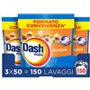 Dash Pods Detersivo In Capsule, 3x50 Lavaggi, Ambra, Rimuove le Macchie, Igienizza, Dona Freschezza, Brillantezza Per I Capi