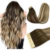 DOORES Extension Capelli Veri Biadesivo, Ombreggiatura dal Castano Noce al Castano Cenere e al Biondo Candido 55cm 22 pollice 50g 20pcs, Capelli Lisci Tape in Remy