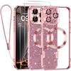 Kokio Glitter Magnetica Cover per iPhone 16 Pro Max con Cordino, Compatibile con MagSafe, Brillantini Sottile Silicone TPU Antiurto Custodia per iPhone 16 Pro Max con 2 Vetro Temperato Bumper, Rosa
