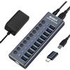 WLXKJY Hub USB 3.0 in alluminio, hub USB attivo - 10 porte USB 3.0 SuperSpeed, interruttori individuali e alimentatore da 72W (24V/3A) per MacBook/MacBook Air/MacBook PRO