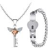 Flongo Collana da donna, bracciale uomo: set di bracciali da uomo di chiusura e collana da donna, ciondolo chiave per coppie, catena cubana, acciaio inossidabile con cristalli - regalo di San