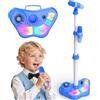 Dislocati Microfono per Bambini con Supporto e Altoparlante, Giocattolo Musicale con Luci LED, Microfono Regolabile da 47-108 cm, Regalo per Bambini 3+ Anni (Blu)