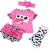 WEQNT Set di vestiti per bambole da 50 a 55 cm Reborn Baby Bambole, 4 pezzi con motivo mucca, body rosa con balze, scaldamuscoli e fascia, cotone, unisex