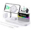 BLKE S Caricabatterie wireless 5 in 1 con sveglia, stazione di ricarica wireless con luce notturna compatibile con iPhone 17 16 15 14 13 12 Pro Max, Apple Watch e auricolari con ricarica wireless Blanco