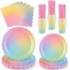 NatNarr Set di 125 pezzi di stoviglie da festa arcobaleno, piatti di cartone con bordo ondulato, tovaglioli, bicchieri di cartone e cannucce per baby shower, matrimoni, compleanni