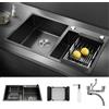 HaTur Lavello da Cucina in Acciaio Inox Fatto a Mano con 2 Fori Doppio Lavello con kit di scarico e filtro cestello, 78 * 43 * 20cm (Nero)