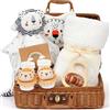 TinkerPlay Set Regalo Nascita Bambino Bambina - Kit Battesimo Neonato con Doudou Leone, Coperta, Bavetta, Calzini, Sonaglio in Legno, Biglietto e Cestino - Box Baby Shower Unisex