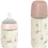 Suavinex, Confezione da 2 biberon in vetro, tettarella in silicone SX Pro con valvola anticoliche, biberon da 120 ml a flusso lento (S) + biberon da 240 ml a flusso medio (M), +0 mesi, Wonder Rosa