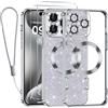 Kokio Glitter Magnetica Cover per iPhone 15 Pro con Cordino, Compatibile con MagSafe, Brillantini Sottile Silicone TPU Antiurto Custodia per iPhone 15 Pro con 2 Vetro Temperato Bumper, Argento