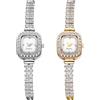 JewelryWe Orologio da donna, piccolo orologio quadrato, con strass, analogico, al quarzo, da donna, lussuoso, con quadrante quadrato in madreperla e cinturino sottile in metallo regolabile, Set da 2