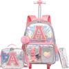 HTgroce Zaino Trolley Scuola Elementare Bambina Lettera A - Zainetto con Ruote - Valigia per Scuola e Viaggio