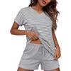 Jahetuul Pigiama Donna Estivo in Cotone Completo Pigiami Corto Donna a Righe Scollo a V e Pantaloncini con Tasche Casual da Casa Leggero Morbido S-3XL