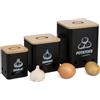 Relaxdays Contenitori Porta Patate Cipolle e Aglio, Set da 3 Barattoli da Cucina, Coperchio e Fori, Ferro e bambù, Nero