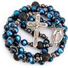 Nazareth Store Rosario cattolico in occhio di tigre blu da uomo con medaglia del santo e croce Padre Nostro regalo cattolico resistente per uomo (Miracoloso)