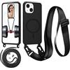 Beajew Custodia con corda per iPhone 15 Plus, custodia magnetica in silicone liquido per iPhone 15 Plus, con ciondolo regolabile, collana con cordino Case - Nero