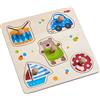 HABA 304608 - Giocattoli puzzle avvincenti, puzzle in legno da 5 pezzi con motivi giocattolo e grandi bottoni in legno antiscivolo, giocattoli in legno da 12 mesi