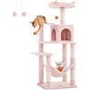 Feandrea Albero per Gatti Alto 143 cm, Tiragraffi per Gatti, con 4 Pali Graffiatoi, 2 Posatoi, 1 Grotta, 1 Amaca, 2 Pompon, in Peluche a Più Livelli, Rosa Pastello PCT161P01