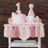 JUIIZAY Set di decorazioni rosa per il primo compleanno, corona per il primo compleanno, decorazione per torta e striscione per seggiolone